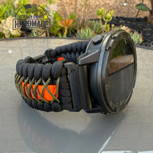 Load image into Gallery viewer, Quick Release Paracord Watchband, personalized to replace bands for Garmin 20mm, 22mm and 26mm|Neon Orange|Olive Drab.