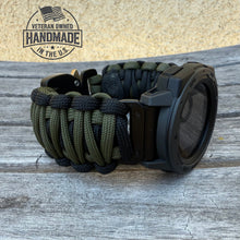 Load image into Gallery viewer, Quick Release Paracord Watchband, personalized to replace bands for Garmin 20mm, 22mm and 26mm|Black and Olive.