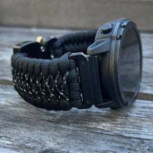 Load image into Gallery viewer, Quick Release Paracord Watchband, personalized to replace bands for Garmin 20mm, 22mm and 26mm|Black and Reflective.