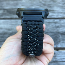 Load image into Gallery viewer, Quick Release Paracord Watchband, personalized to replace bands for Garmin 20mm, 22mm and 26mm|Black and Reflective.