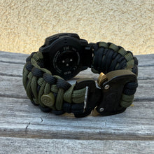 Load image into Gallery viewer, Quick Release Paracord Watchband, personalized to replace bands for Garmin 20mm, 22mm and 26mm|Black and Olive.