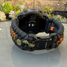 Load image into Gallery viewer, Quick Release Paracord Watchband, personalized to replace bands for Garmin 20mm, 22mm and 26mm|Neon Orange|Olive Drab.