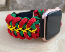 Load image into Gallery viewer, Quick Release Paracord Watchband, personalized to replace bands for Garmin 20mm, 22mm and 26mm|Green|Red.