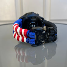 Load image into Gallery viewer, Quick Release Paracord Watchband, personalized to replace bands for Garmin 20mm, 22mm and 26mm|US Flag|Thin Blue Line.
