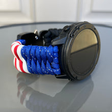 Load image into Gallery viewer, Quick Release Paracord Watchband, personalized to replace bands for Garmin 20mm, 22mm and 26mm|US Flag|Thin Blue Line.