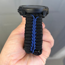 Load image into Gallery viewer, Quick Release Paracord Watchband, personalized to replace bands for Garmin 20mm, 22mm and 26mm|US Flag|Thin Blue Line.