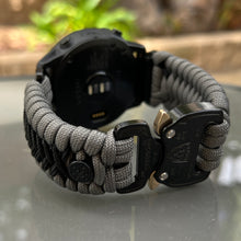 Load image into Gallery viewer, Quick Release Paracord Watchband, personalized to replace bands for Garmin 20mm, 22mm and 26mm|Charcoal Grey and Black.