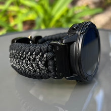 Load image into Gallery viewer, Quick Release Paracord Watchband, personalized to replace bands for Garmin 20mm, 22mm and 26mm|Black and Charcoal.