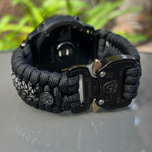Load image into Gallery viewer, Quick Release Paracord Watchband, personalized to replace bands for Garmin 20mm, 22mm and 26mm|Black and Charcoal.
