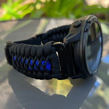 Load image into Gallery viewer, Quick Release Paracord Watchband, personalized to replace bands for Garmin 20mm, 22mm and 26mm|Thin Blue Line.