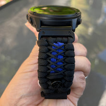 Load image into Gallery viewer, Quick Release Paracord Watchband, personalized to replace bands for Garmin 20mm, 22mm and 26mm|Thin Blue Line.