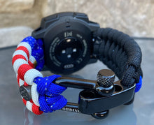 Load image into Gallery viewer, Quick Release Paracord Watchband, personalized to replace bands for Garmin 20mm, 22mm and 26mm|Thin Blue Line|US Flag