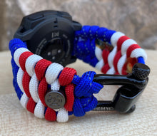 Load image into Gallery viewer, Quick Release Paracord Watchband, personalized to replace bands for Garmin 20mm, 22mm and 26mm|US Flag.