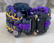 Load image into Gallery viewer, Quick Release Paracord Watchband, personalized to replace bands for Garmin 20mm, 22mm and 26mm|Purple|Charcoal.