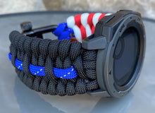 Load image into Gallery viewer, Quick Release Paracord Watchband, personalized to replace bands for Garmin 20mm, 22mm and 26mm|Thin Blue Line|US Flag
