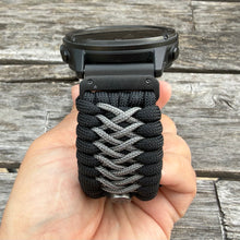 Lade das Bild in den Galerie-Viewer, Quick Release Paracord Watchband, personalized to replace bands for Garmin 20mm, 22mm and 26mm|Black and Grey
