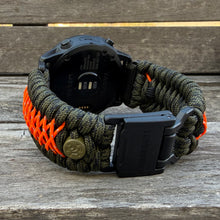 Cargar imagen en el visor de la galería, Quick Fit Paracord Watchband, personalized to replace bands for Garmin 20mm, 22mm and 26mm|Reflective Orange|Olive Drab.

