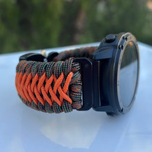 Cargar imagen en el visor de la galería, Quick Release Paracord Watchband, personalized to replace bands for Garmin 20mm, 22mm and 26mm|Camo &amp; orange
