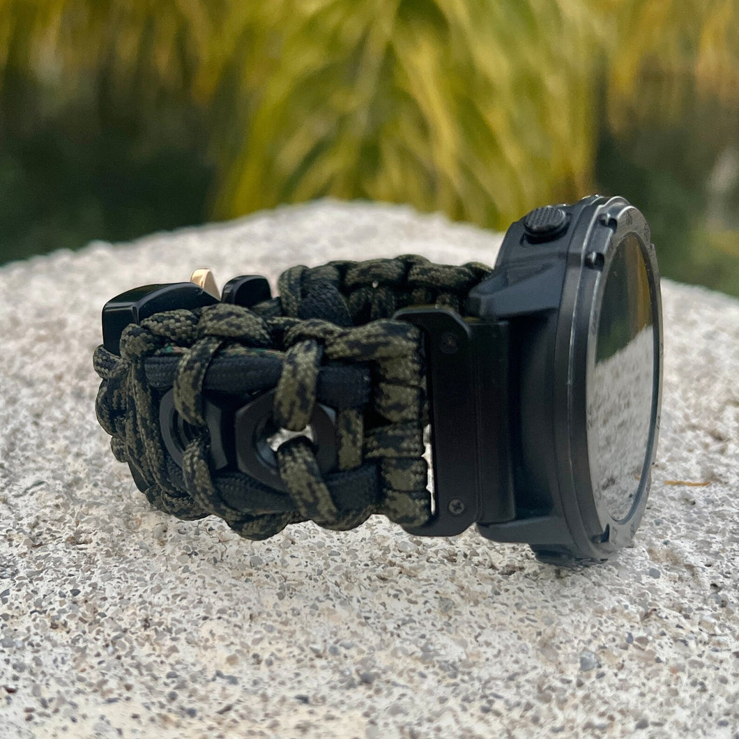 Quick Release Paracord Watchband, personalized to replace bands for Garmin 20mm, 22mm and 26m|Camo|Beads|Hex nuts.