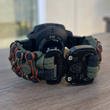 Load image into Gallery viewer, Paracord Watchband compatible with Garmin Approach, D2, Descent, Enduro, Epix (Gen 2), Fenix, Forerunner 230/235/630/735XT/935/955, Instinct, MARQ, Tactix, Quatix (watch not included).
